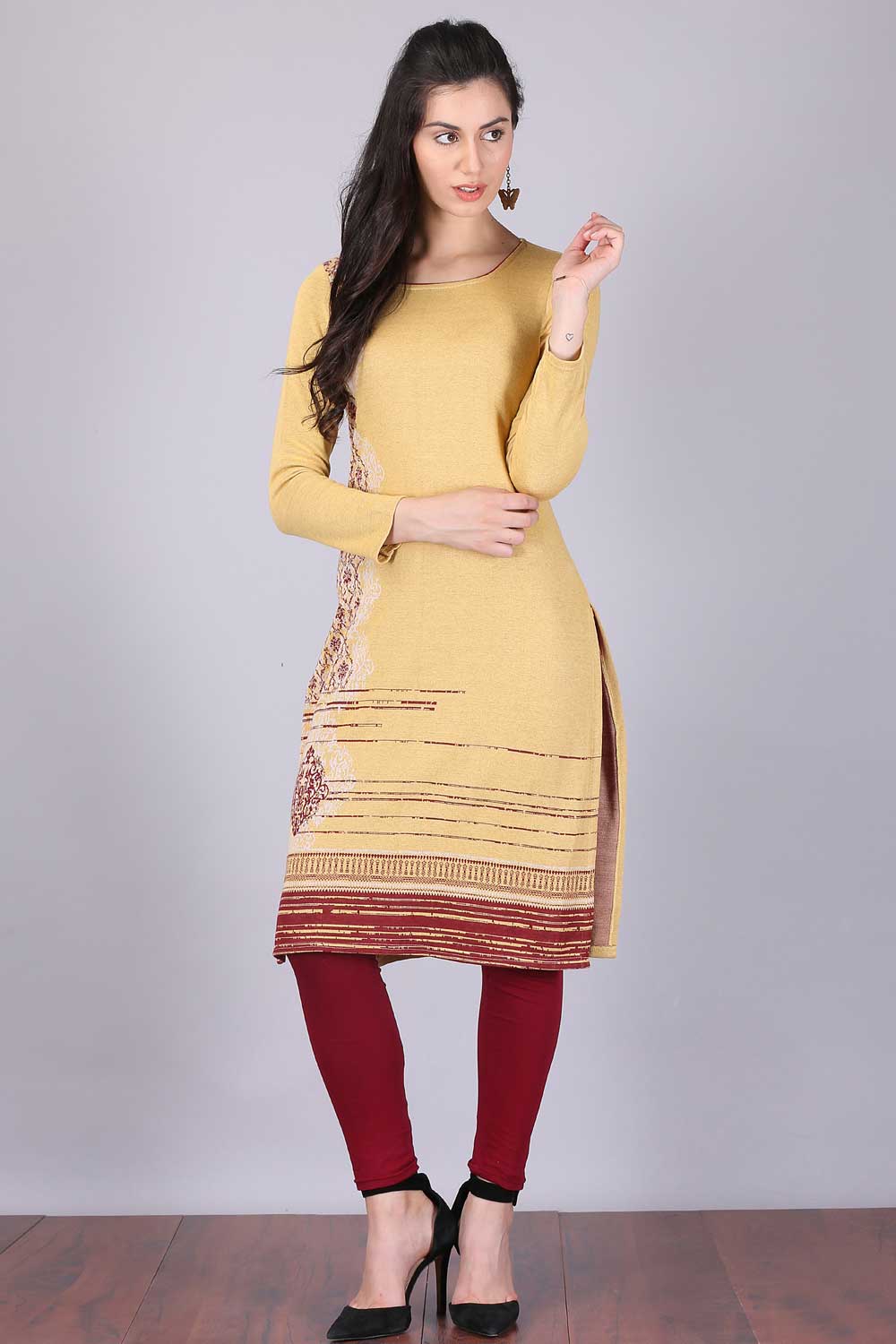 Yellow Printed Round Neck Winter kurta - XS