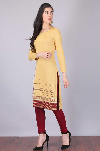 Yellow Printed Round Neck Winter kurta