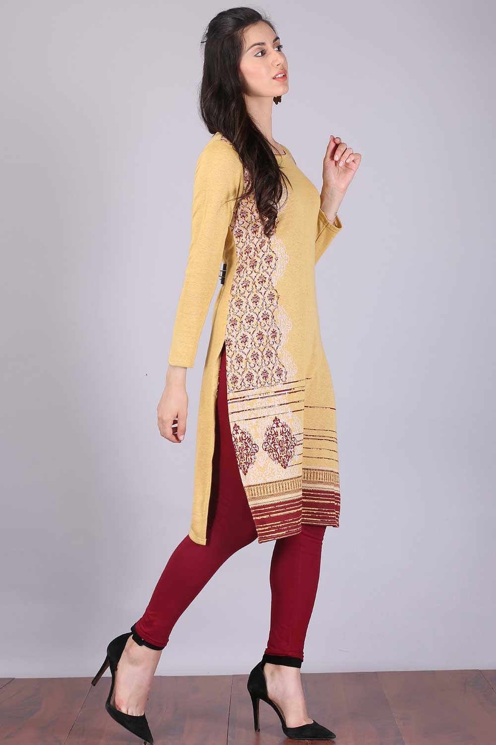 Yellow Printed Round Neck Winter kurta