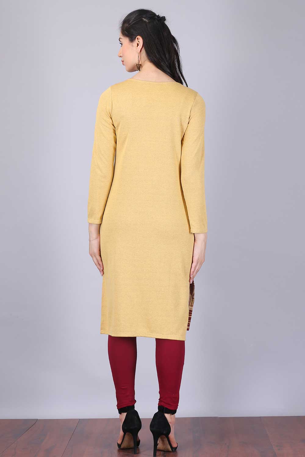 Yellow Printed Round Neck Winter kurta