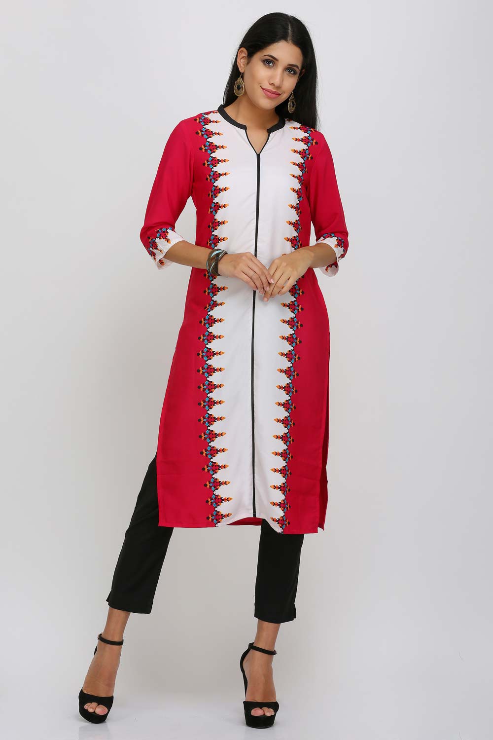 Pink &amp; White Printed Mandarin Neck kurta