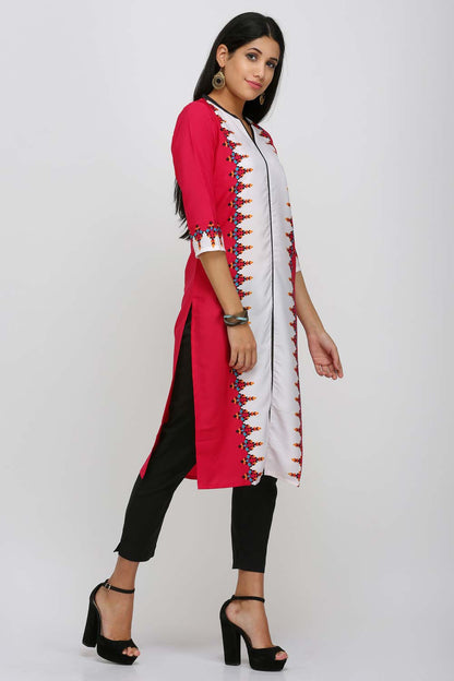 Pink &amp; White Printed Mandarin Neck kurta