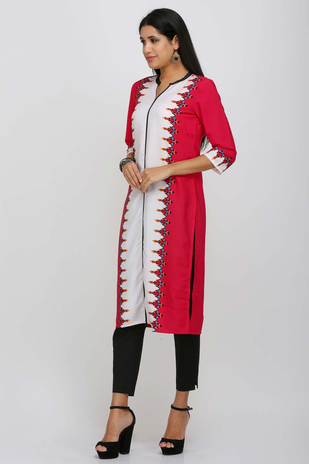 Pink &amp; White Printed Mandarin Neck kurta