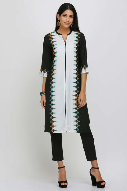 Black &amp; White Printed Mandarin Neck kurta