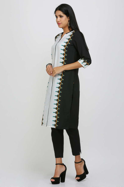 Black &amp; White Printed Mandarin Neck kurta