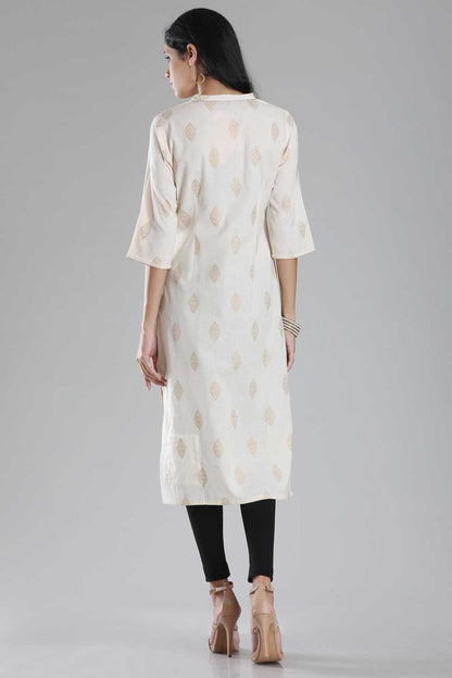 White Printed Mandarin Neck kurta