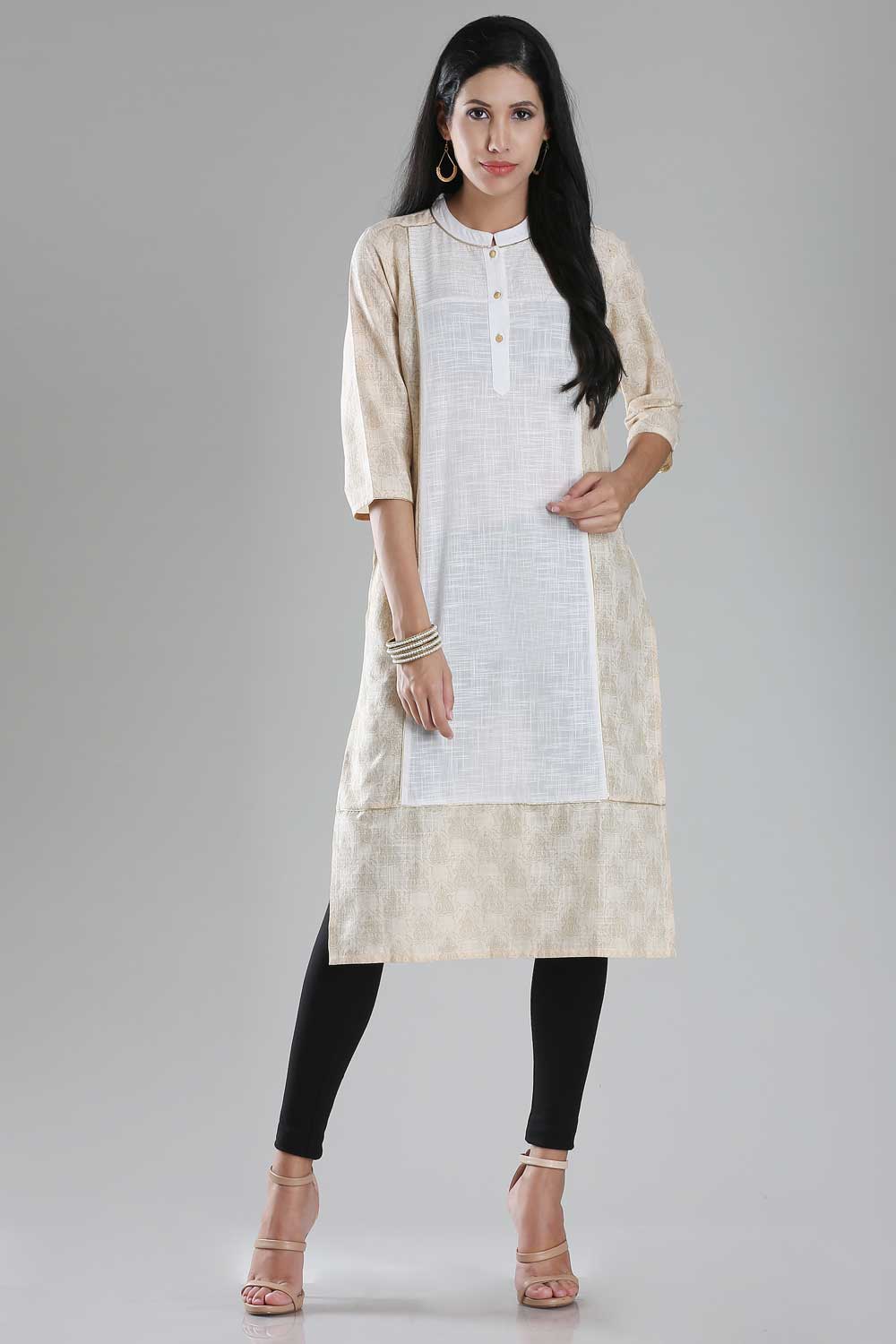 White Printed Mandarin Neck kurta