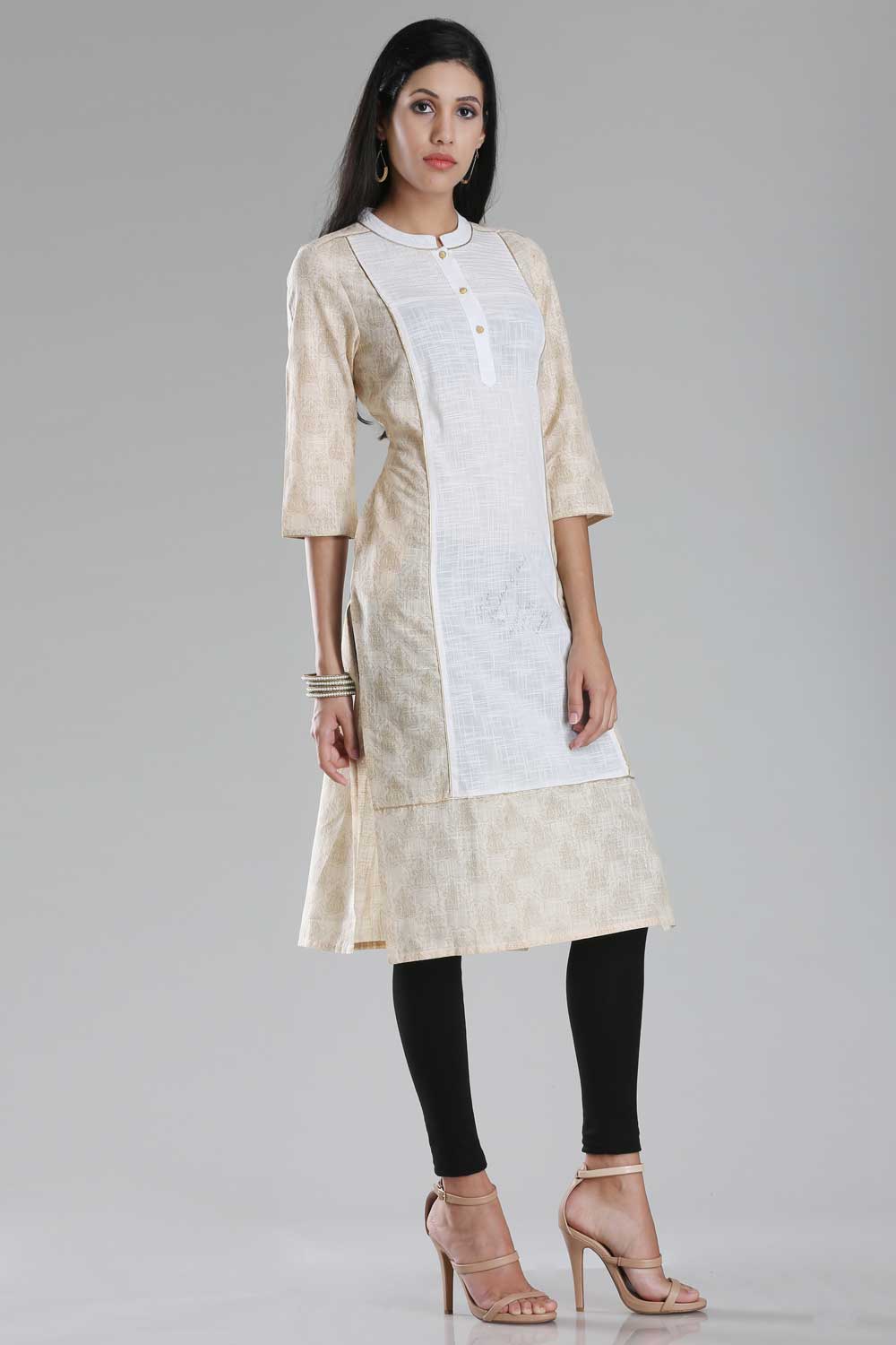 White Printed Mandarin Neck kurta