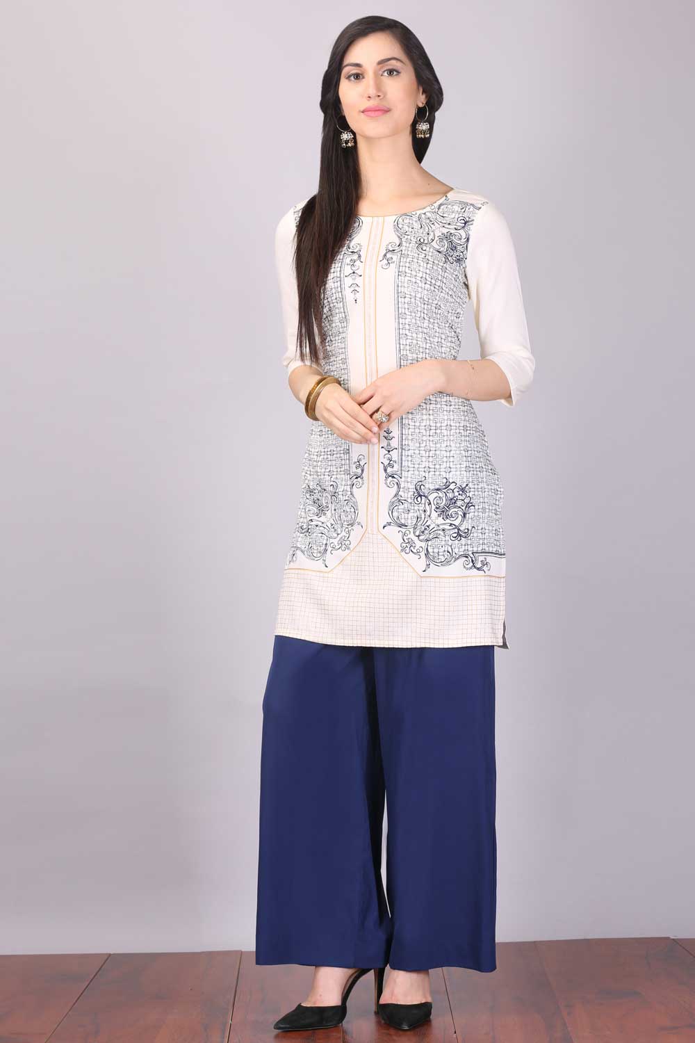 White Printed Round Neck kurta