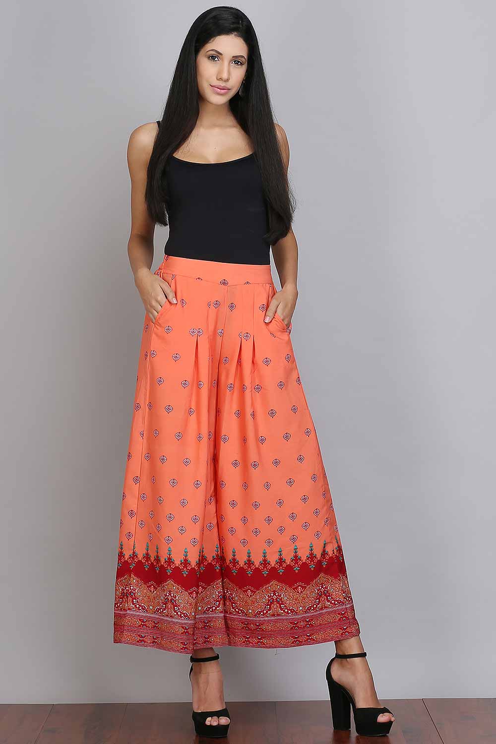 Orange Printed Pleated Palazzo