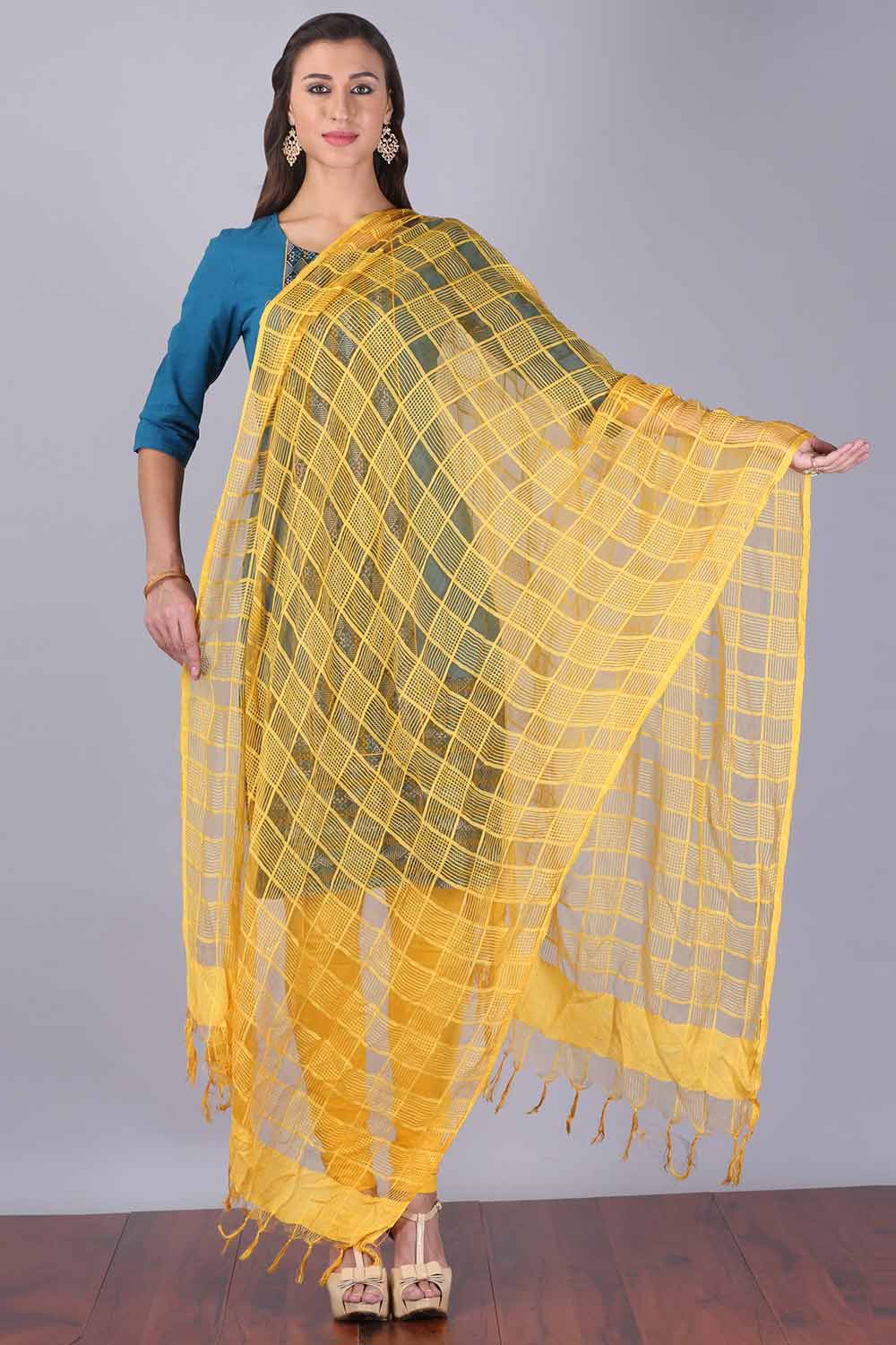 Yellow Self-Checked Dupatta