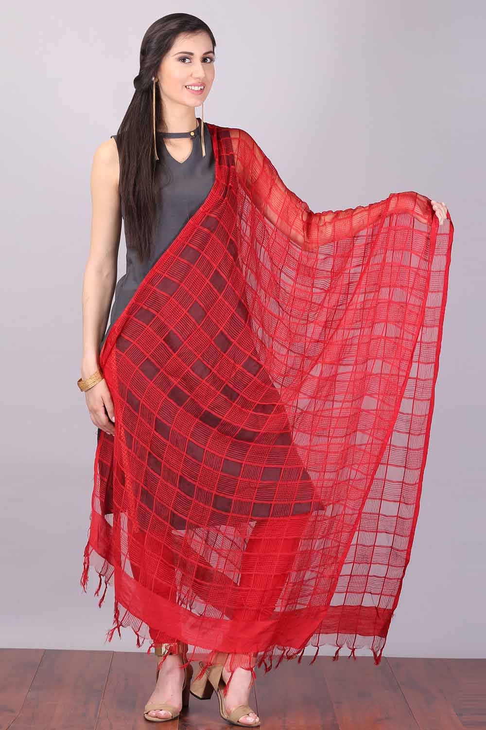 Red Self-Checked Dupatta