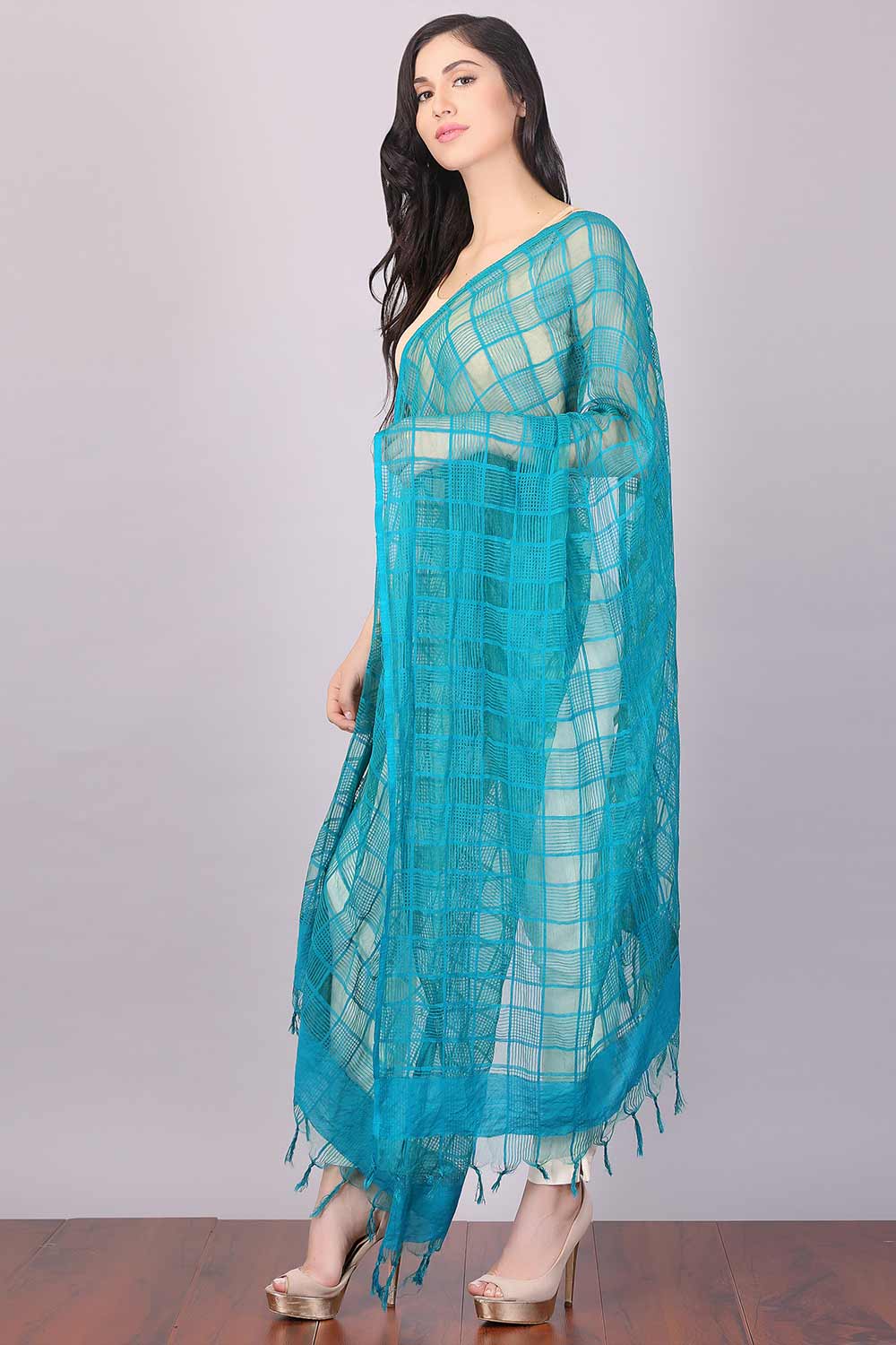 Blue Self-Checked Dupatta