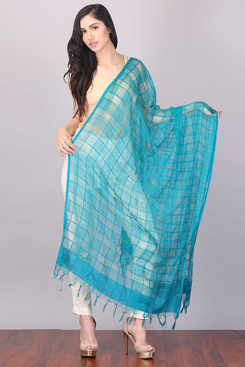 Blue Self-Checked Viscose Dupatta