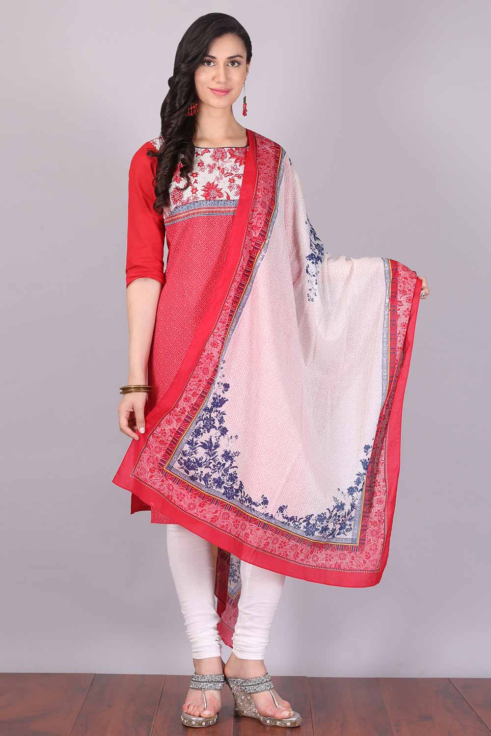 Off-White &amp; Pink Printed Dupatta