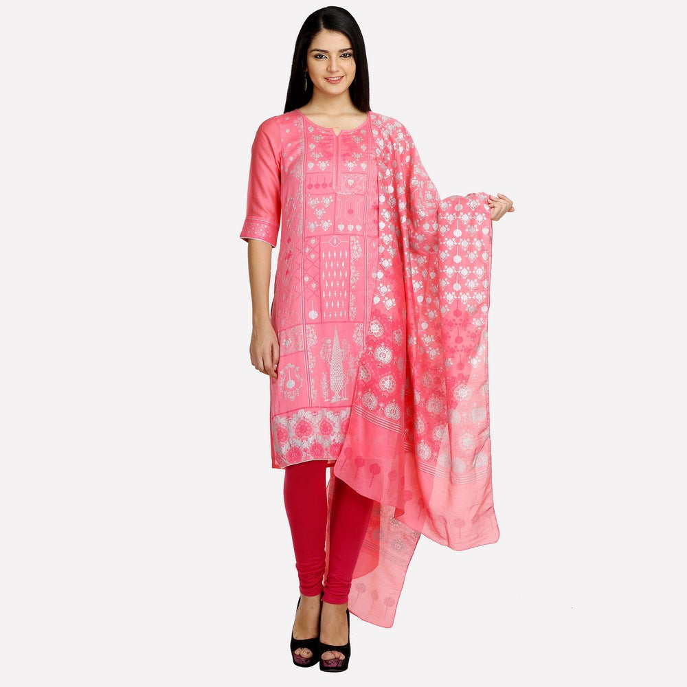 Pink Printed Round Neck 3/4 Sleeves kurta Set