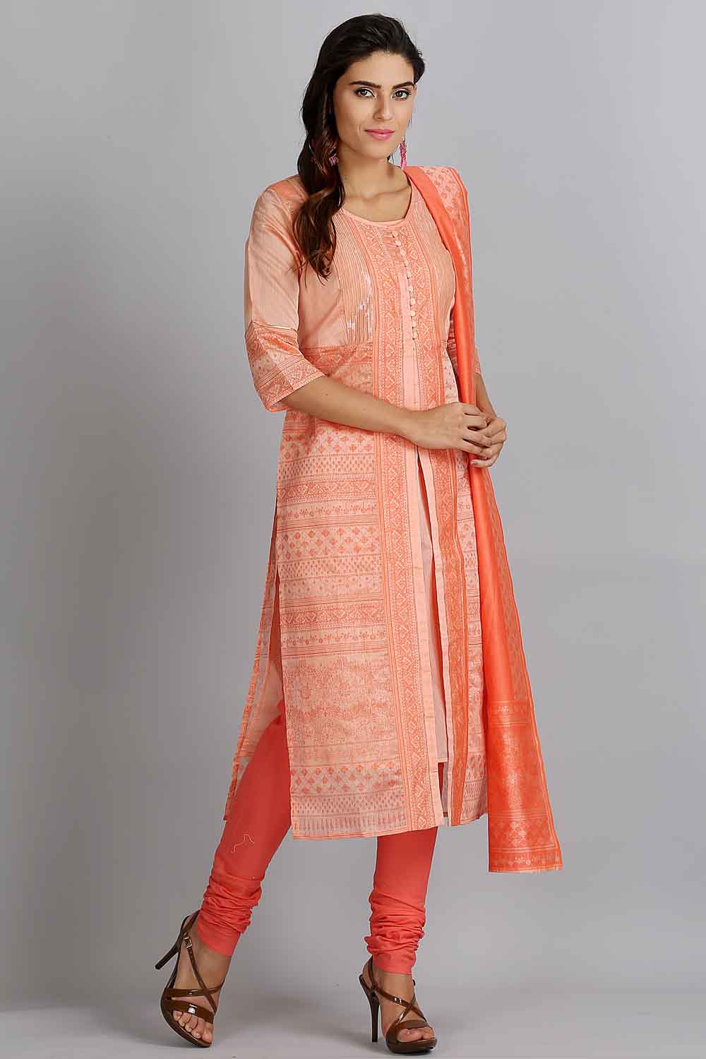 Orange Printed Round Neck kurta Set