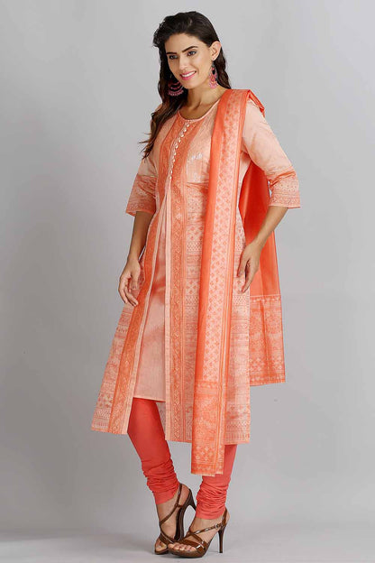 Orange Printed Round Neck kurta Set