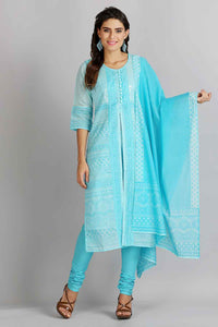 Blue Printed Round Neck kurta Set
