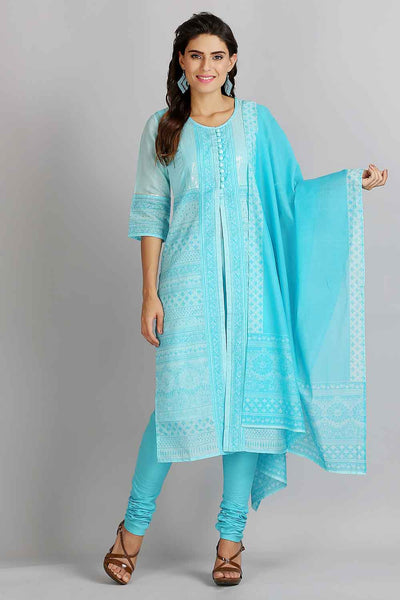 Blue Printed Round Neck kurta Set
