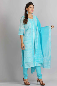 Blue Printed Round Neck kurta Set
