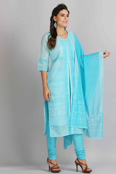 Blue Printed Round Neck kurta Set