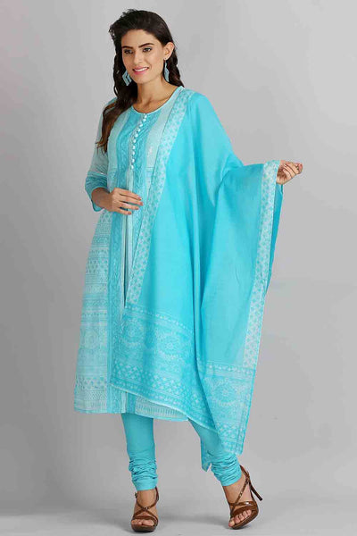 Blue Printed Round Neck kurta Set