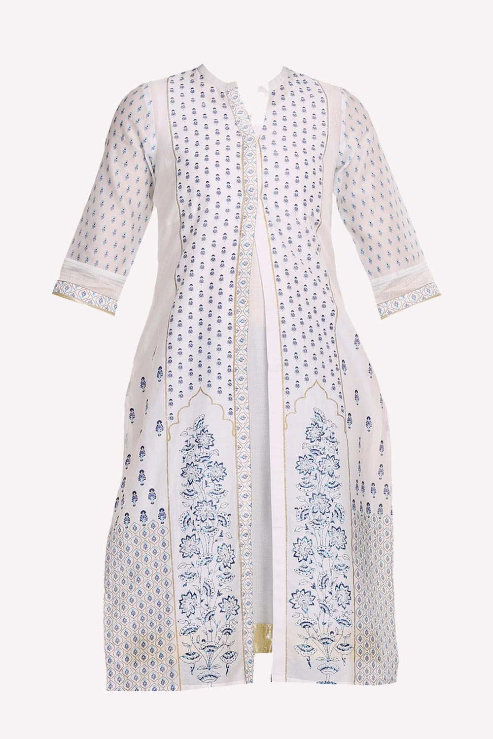 White &amp; Blue Printed Mandarin Neck kurta With Churidar