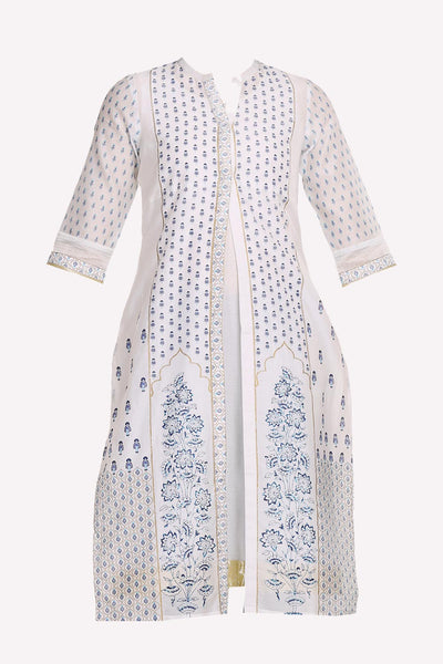 White & Blue Printed Mandarin Neck kurta With Churidar