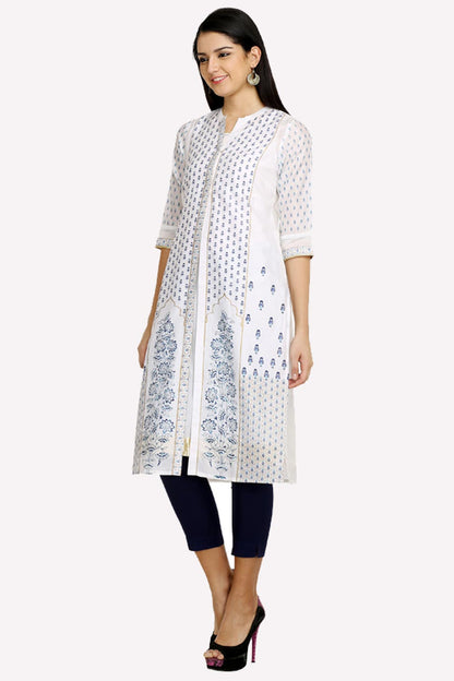 White &amp; Blue Printed Mandarin Neck kurta With Churidar