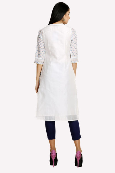 White & Blue Printed Mandarin Neck kurta With Churidar