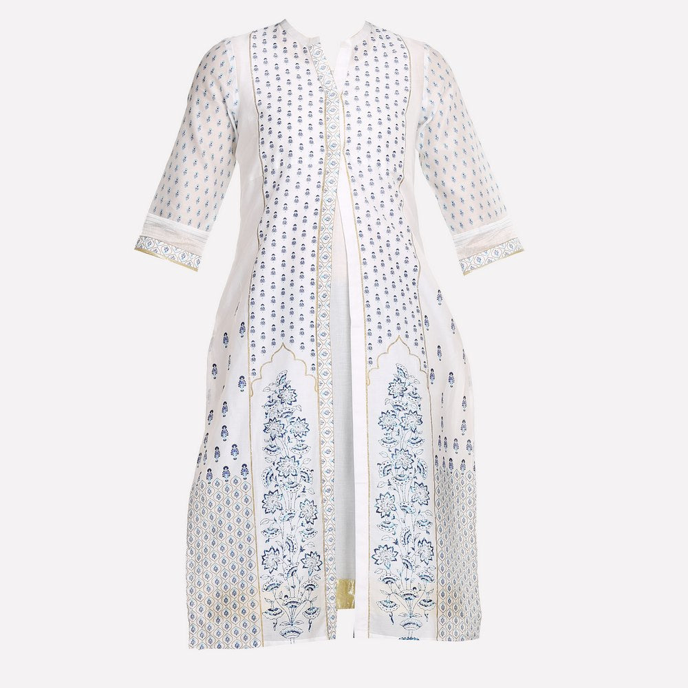 White &amp; Blue Printed Mandarin Neck kurta With Churidar