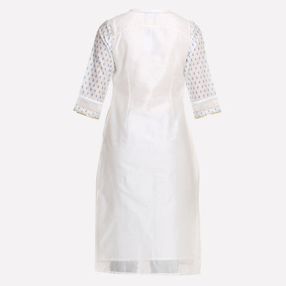 White &amp; Blue Printed Mandarin Neck kurta With Churidar