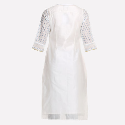 White & Blue Printed Mandarin Neck kurta With Churidar