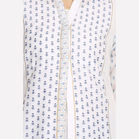 White &amp; Blue Printed Mandarin Neck kurta With Churidar