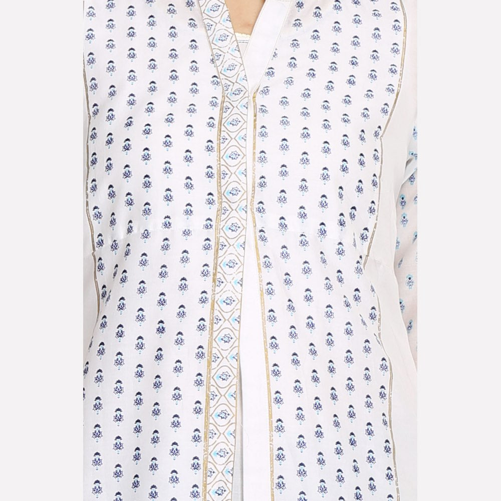 White &amp; Blue Printed Mandarin Neck kurta With Churidar