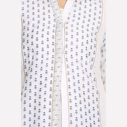 White &amp; Blue Printed Mandarin Neck kurta With Churidar