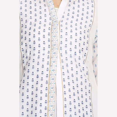 White & Blue Printed Mandarin Neck kurta With Churidar