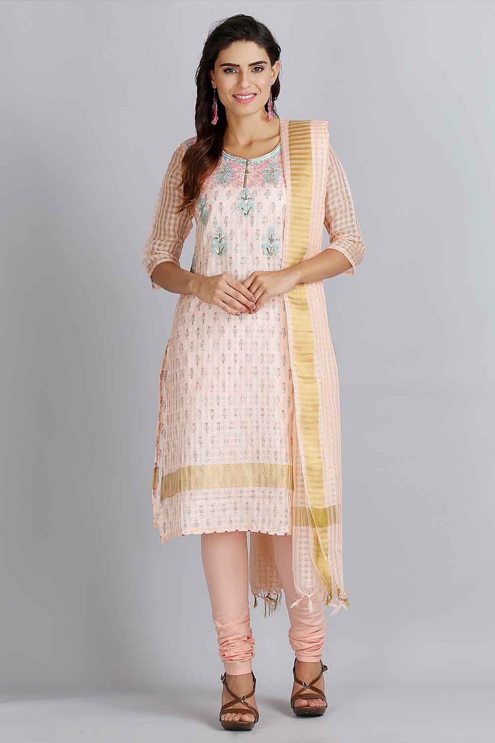 Peach Printed Round Neck kurta Set