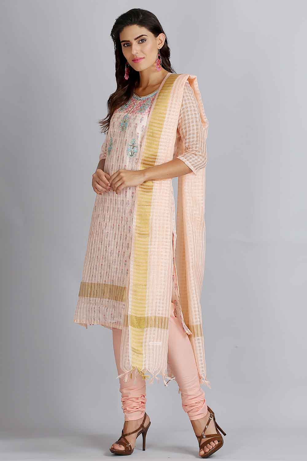 Peach Printed Round Neck kurta Set