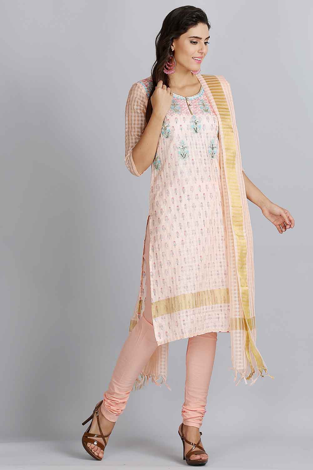 Peach Printed Round Neck kurta Set