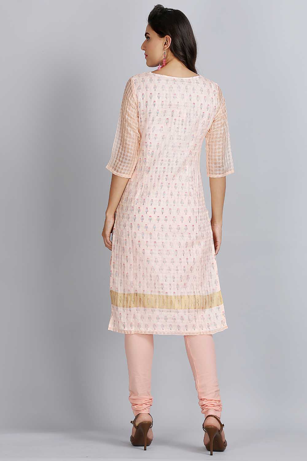 Peach Printed Round Neck kurta Set