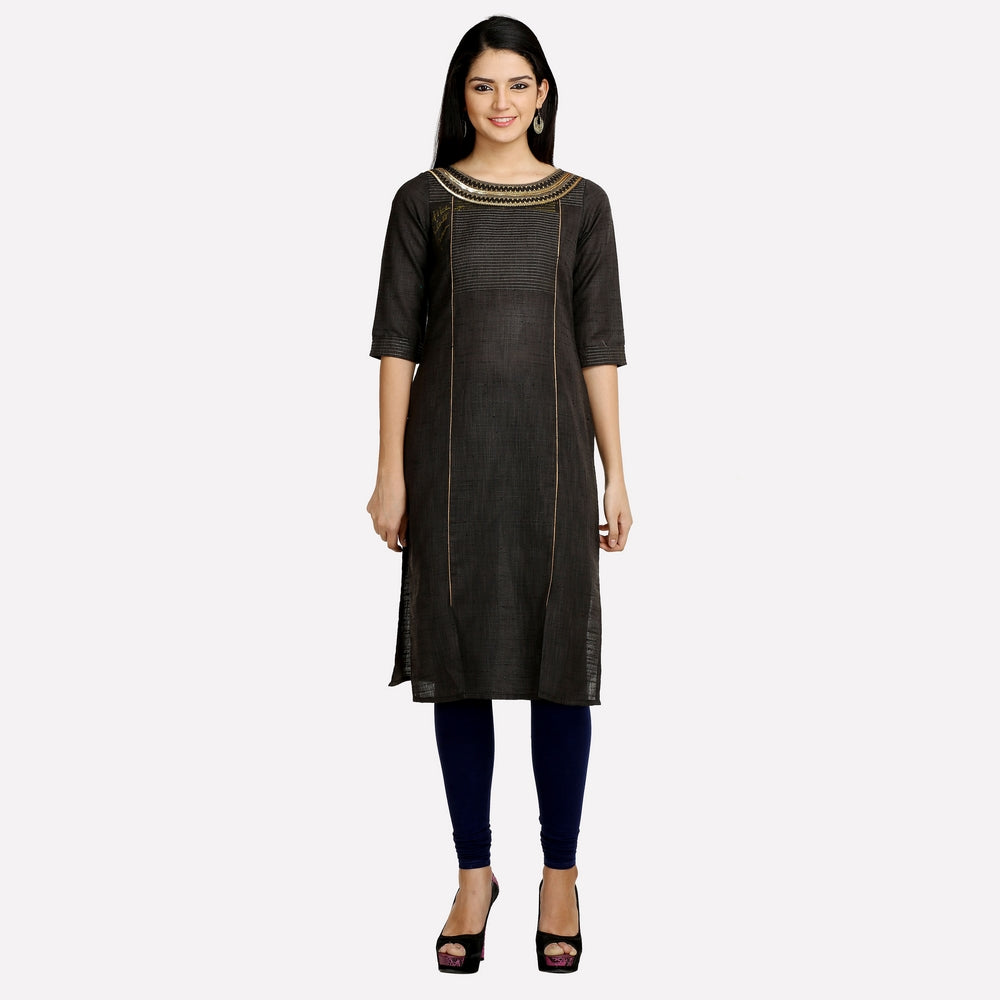 Black Solid Round Neck 3/4 Sleeves kurta Set