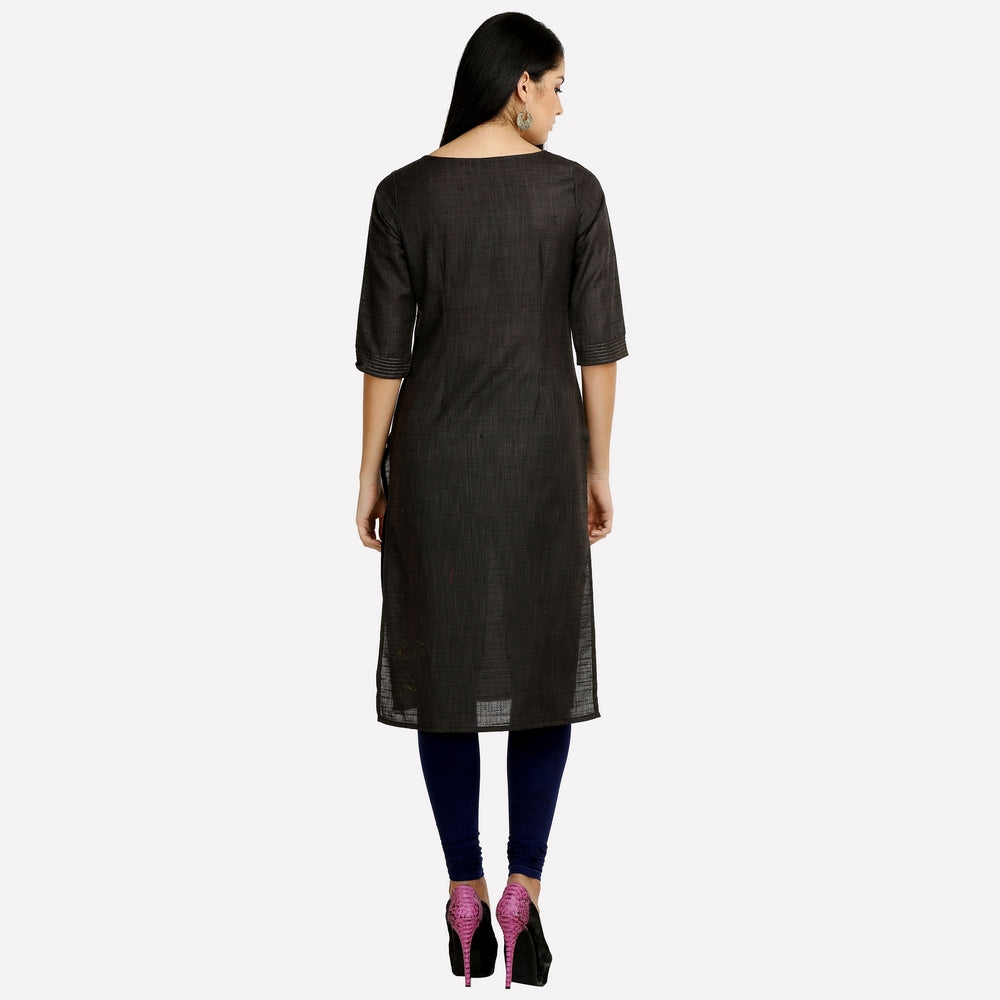 Black Solid Round Neck 3/4 Sleeves kurta Set