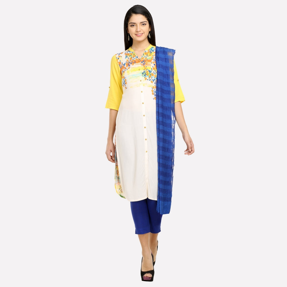 Yellow &amp; White Floral Print kurta