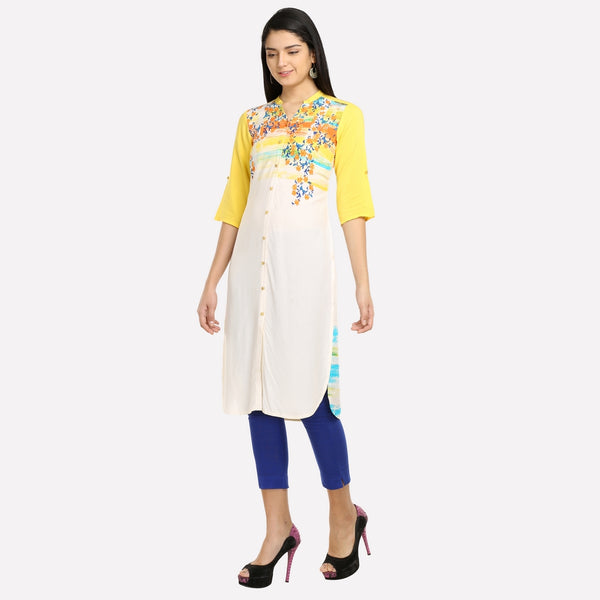 Yellow & White Floral Print kurta