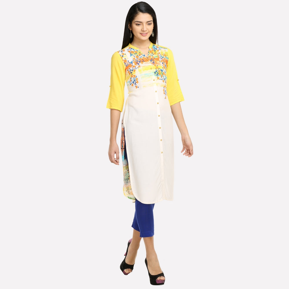 Yellow &amp; White Floral Print kurta