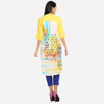 Yellow &amp; White Floral Print kurta