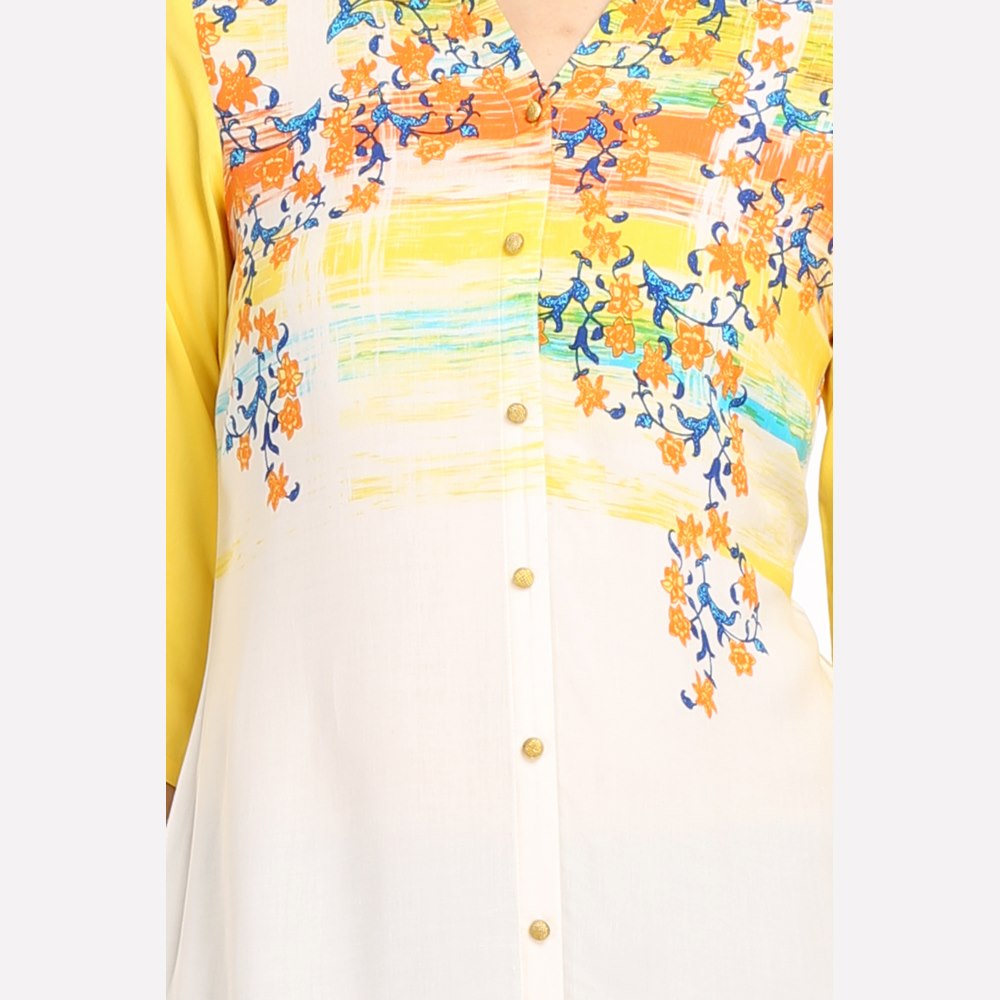 Yellow &amp; White Floral Print kurta