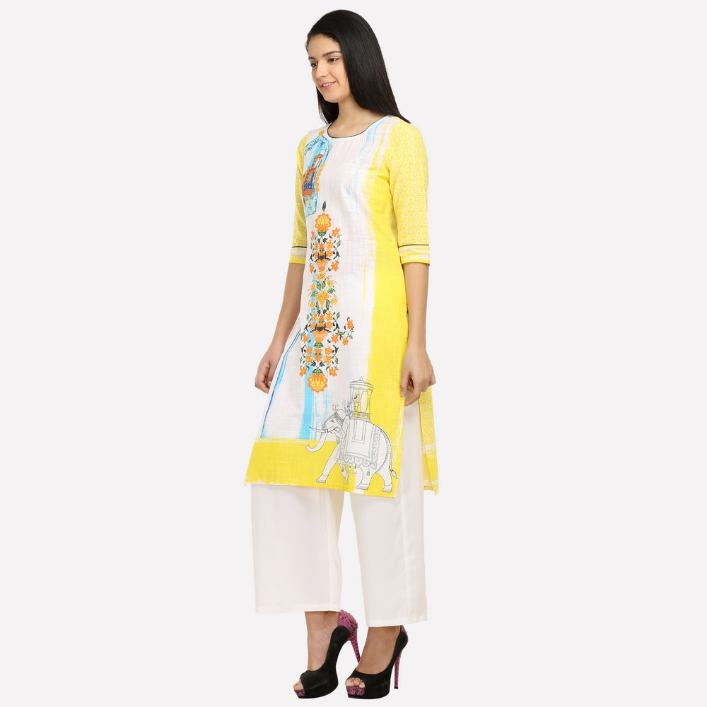 Yellow &amp; White Printed kurta